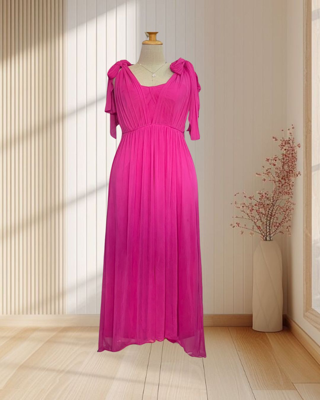 ราตรียาวสีชมพูบานเย็น ผ้าชีฟอง เกาะอก แต่งผ้าสไบผูกไหล่ ไซส์ 2XL