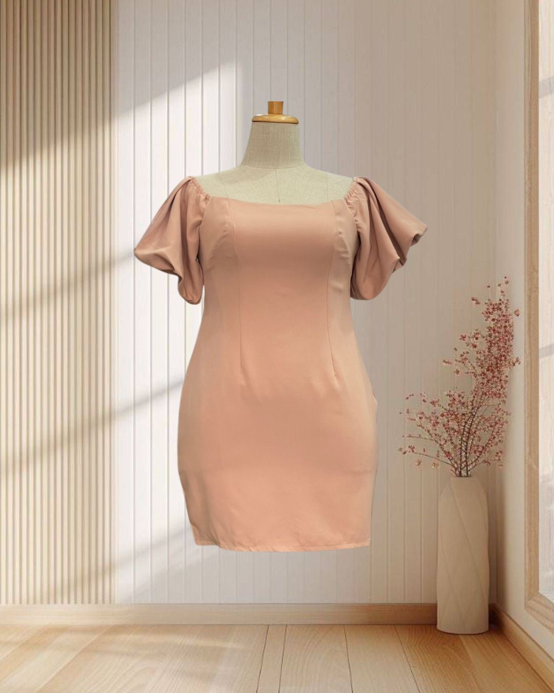ราตรีสั้นสีนูด แขนตุ๊กตา ผ้ายืด ไซส์ 2XL
