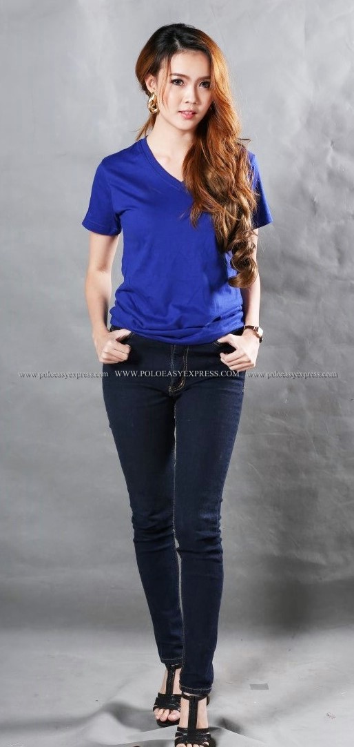 XL เสื้อยืด สีน้ำเงิน คอวี แขนสั้น Size XL