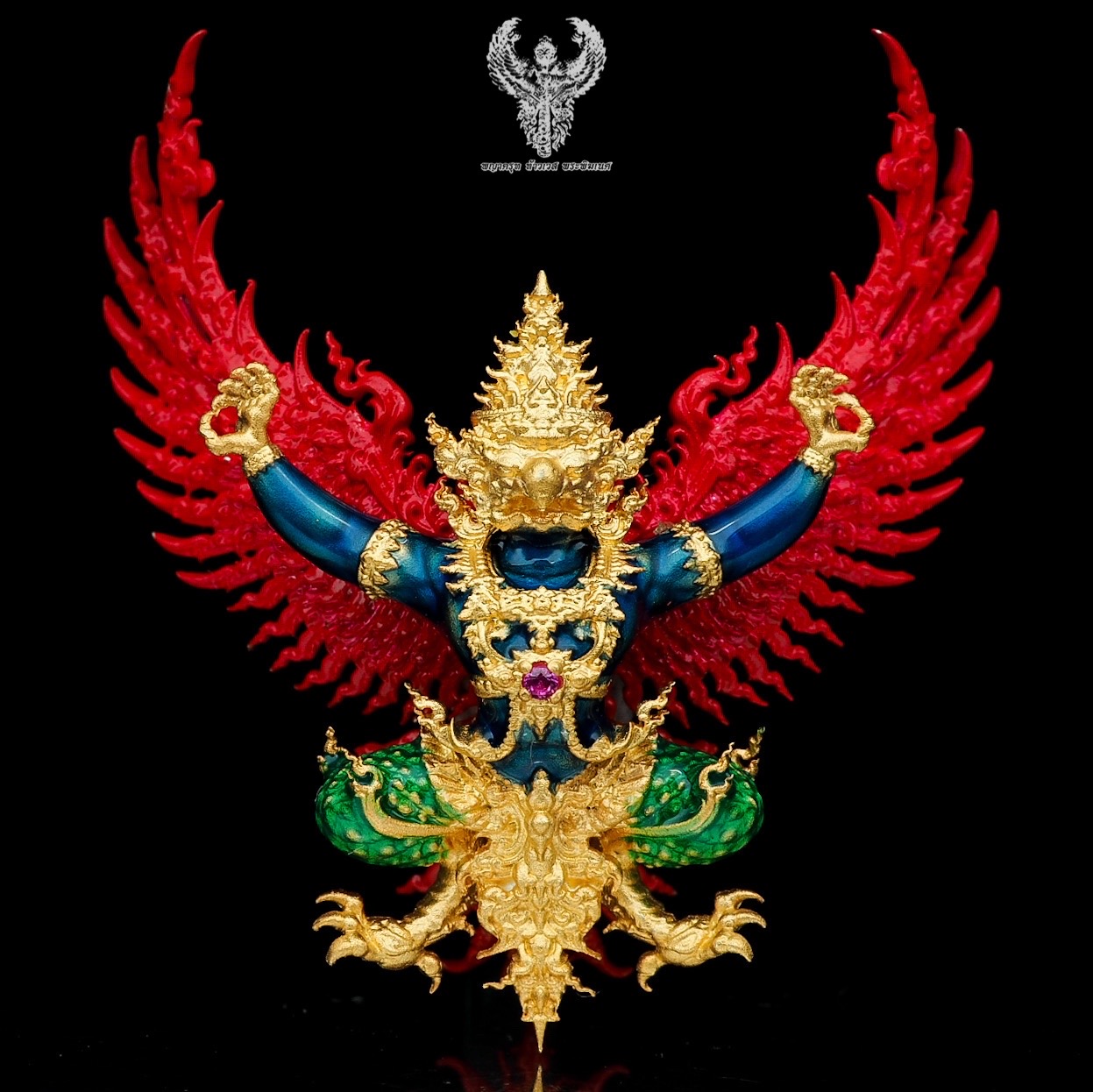 #พญาครุฑสุบรรณราช วัดหายโศก อุดรธานี เนื้อเงินชุบทองลงยาน้ำเงิน ปีกลงยาแดง เลข 14