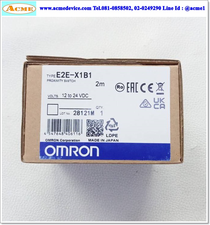 Proximity Omron รุ่น E2E-X1B1, M5, ระยะ 1mm, 3wire, NO, PNP, Shielded, Inductive