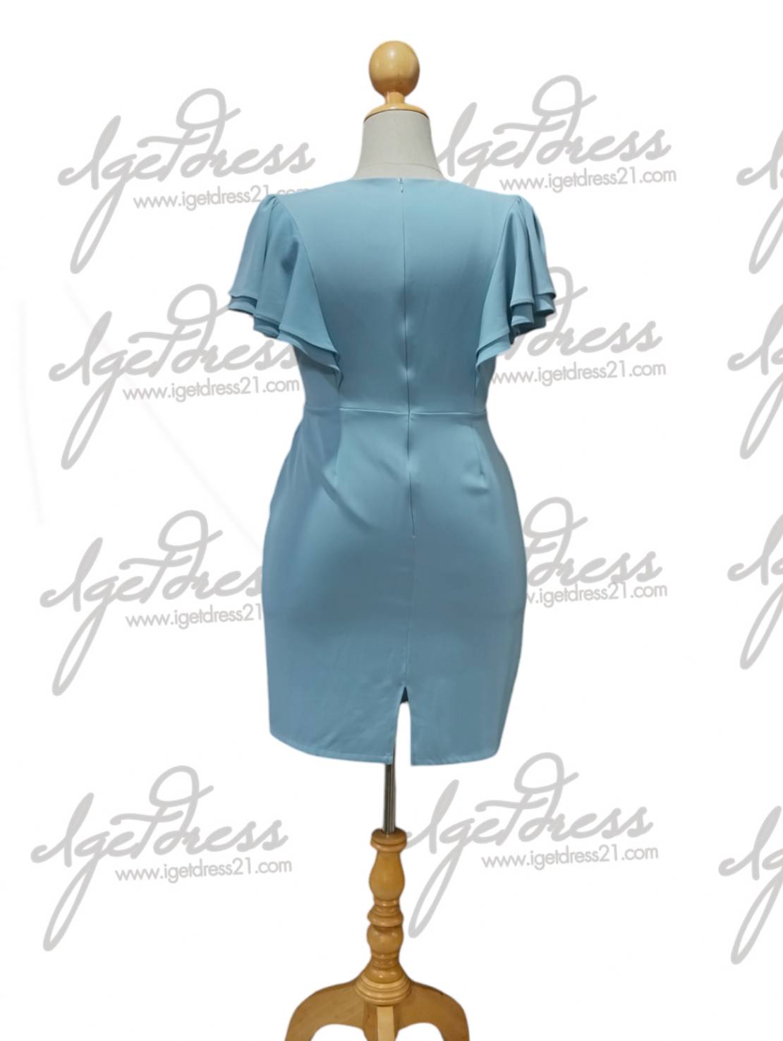 (PRE-LOVED)เดรสสีฟ้าคอวีอกไขว้ จับจีบแขนระบายพริ้วพรางต้นแขน ผ้าเครป (2XL) มือ2