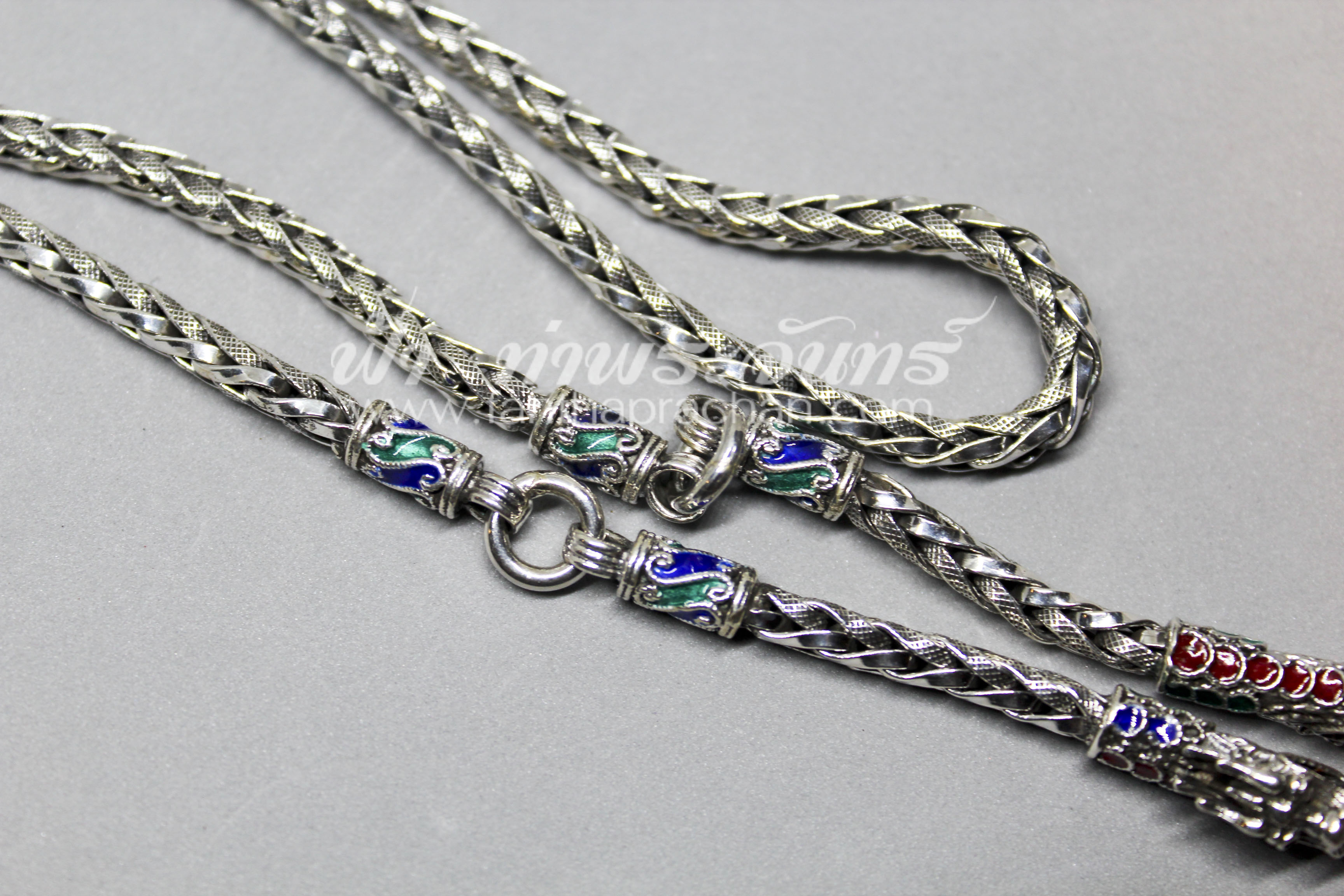 สร้อยเงินลายเปีย หัวมังกร ลงยา แบบสามห่วง หนัก 47.8 กรัม