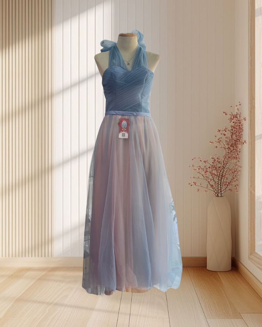 ราตรียาวสีฟ้า ครีม ผ้ามุ้ง ทรง พส.จีน กรุยกราย ไซส์ M