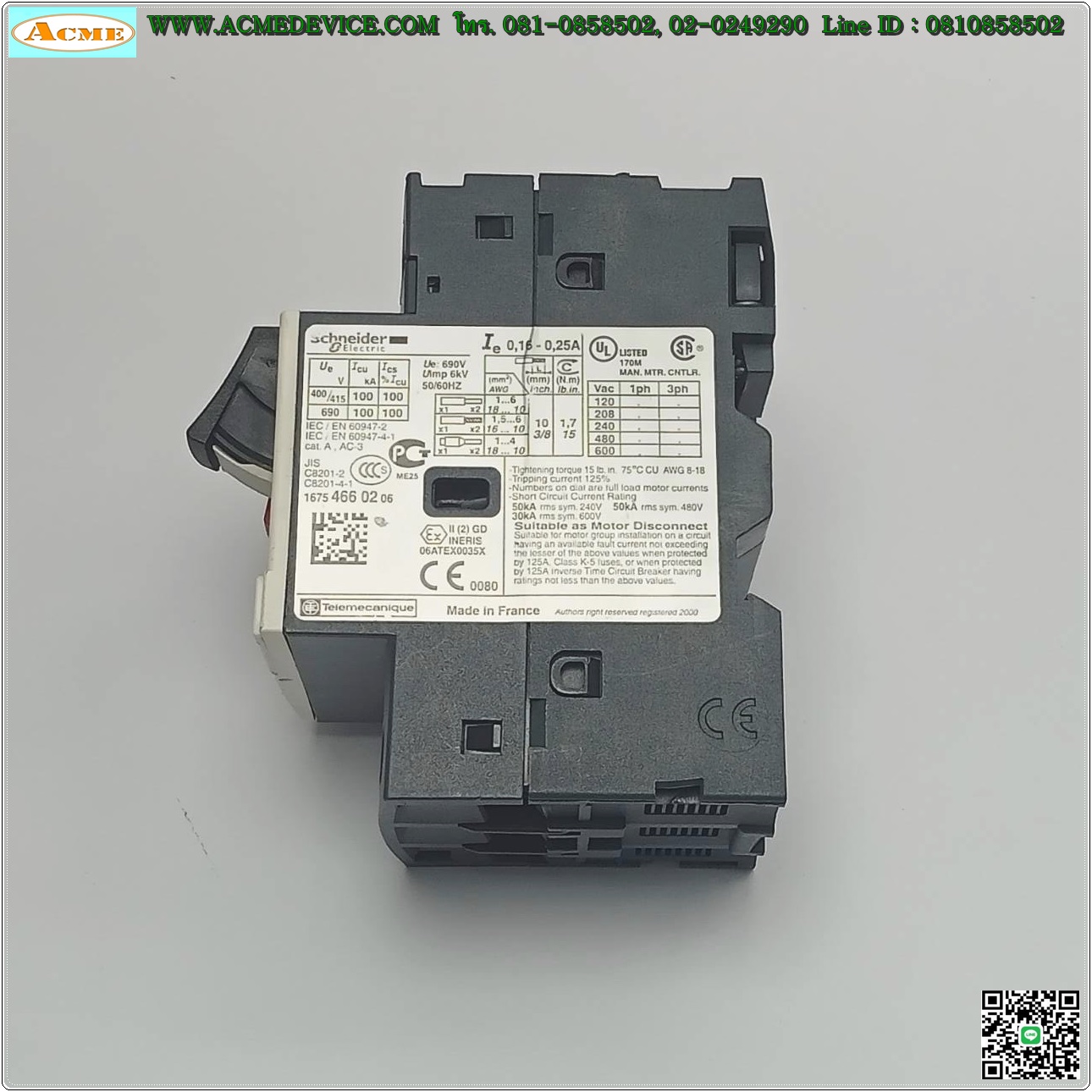 Motor Circuit Breaker Schneider รุ่น GV2ME02, Current Rating 0.16-0.25A, 690V, 6kV, 3Poles