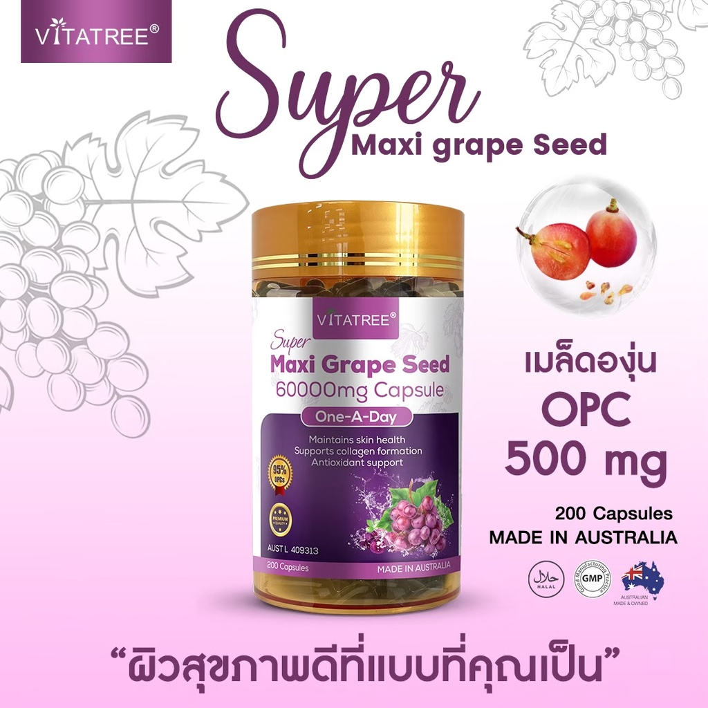 maxi grapeseed vitatree 60000mg. opc 500 mg ขนาด 200เม็ด แท้100 %