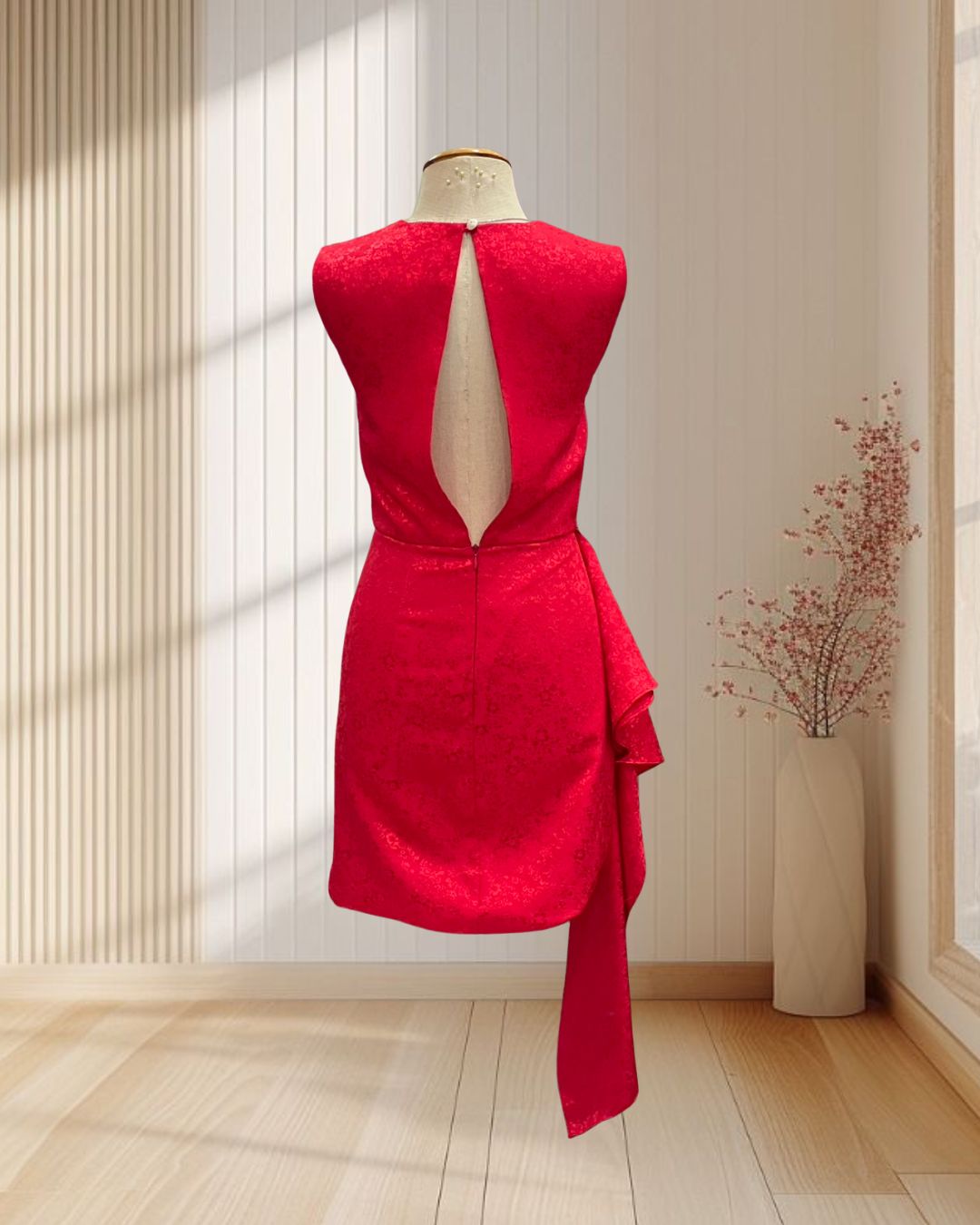 (PRE-LOVED) ราตรีสั้นสีแดงแขนกุด ผ้าเงาลายดอกไม้ โชว์หลัง แต่งระบายเอว ไซส์ S