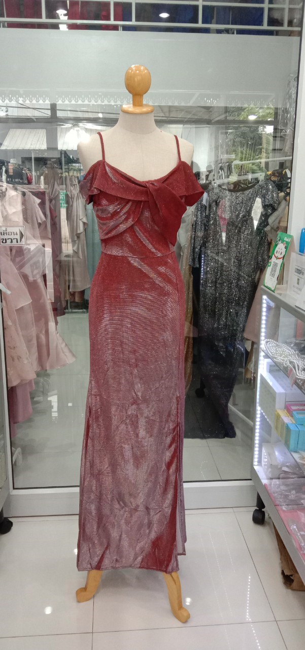 ยาวสีแดงกลิตเตอร์อกไขว้สายเดี่ยว (M) มือ2