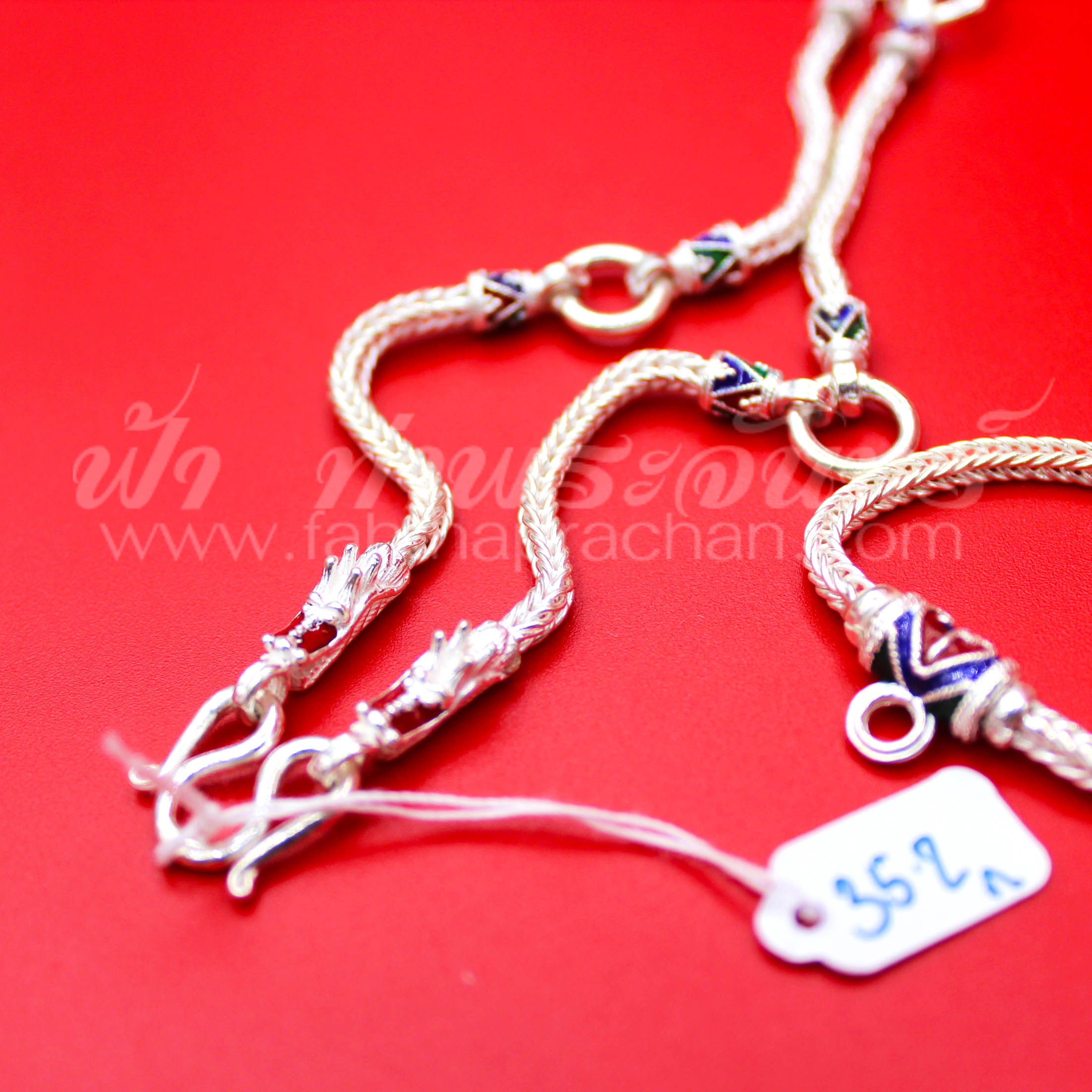 สร้อยคอเงินแท้ 92.5 ลายสี่เสา หัวมังกรลงยา แบบ 5 ห่วง มีห่วงหลัง