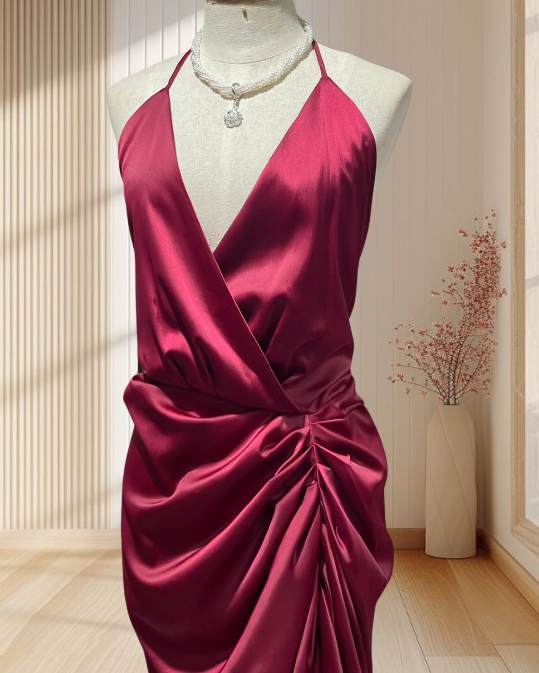 (PRE-LOVED) ราตรีสั้นสีแดง ขยุ้มเอว สายเดี่ยว คล้องคอ เว้าหลัง ไซส์ M