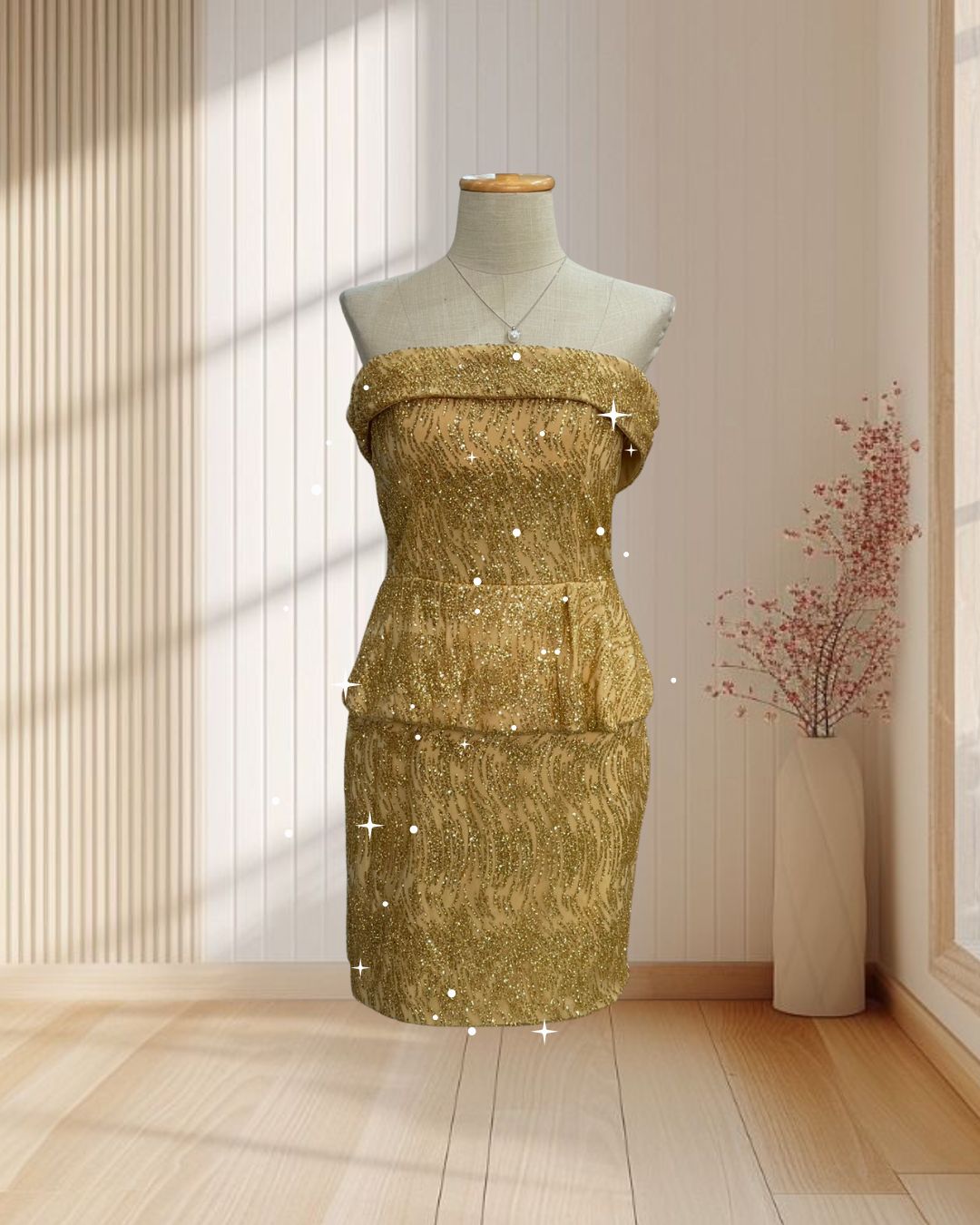 ราตรีสั้นสีทอง ปากไหล่ ปักเลื่อมงานกากเพชร ระบายเอว ไซส์ M