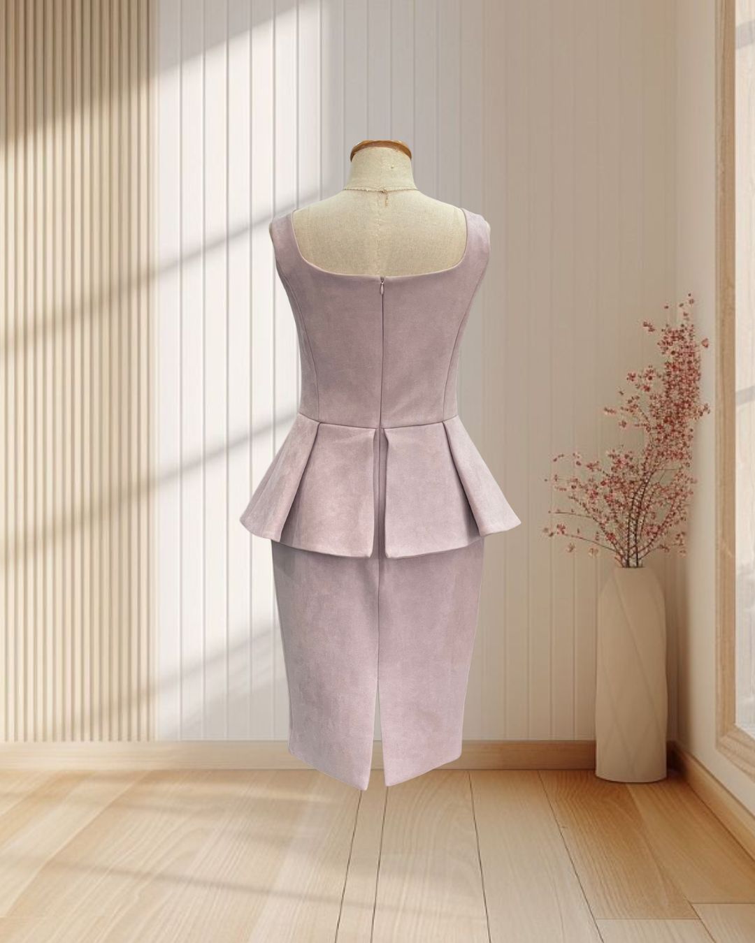 (PRE-LOVED) ราตรีสั้นสีชมพู แขนกุด ผ้าหนา เอวระบาย ไซส์ S