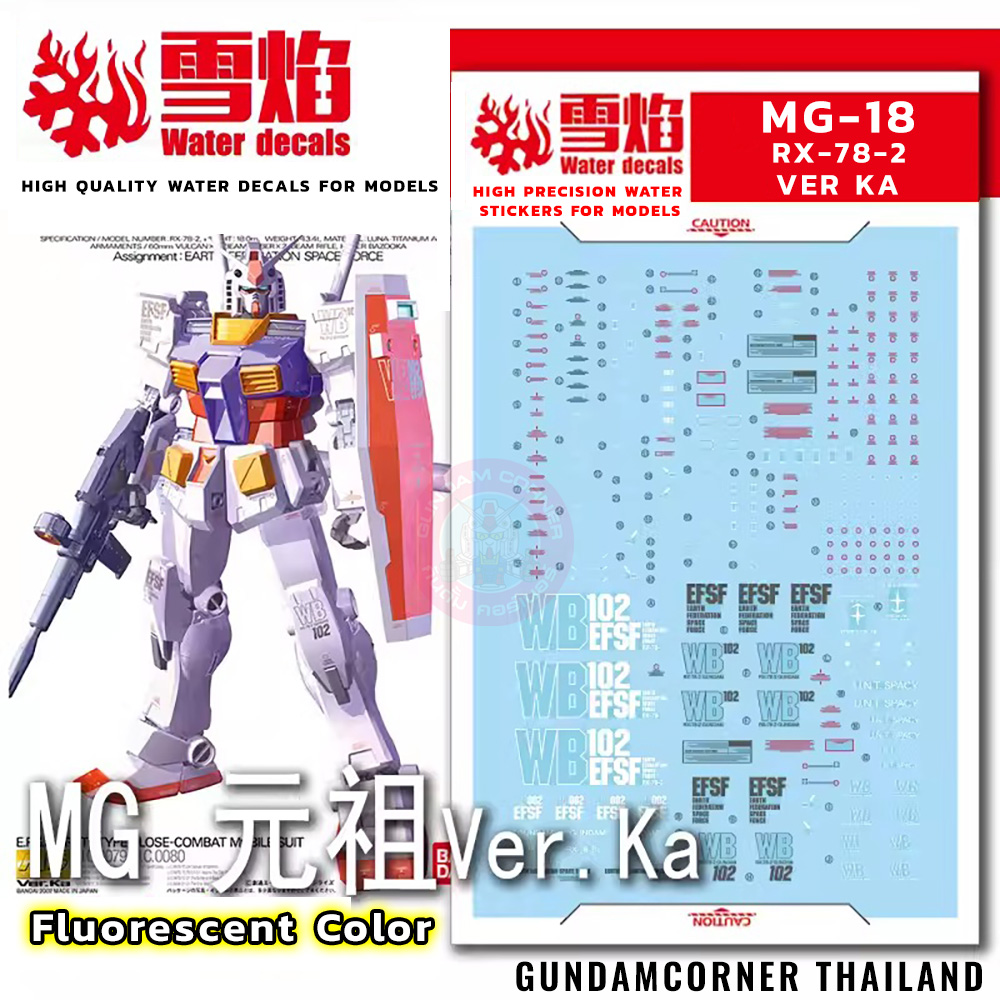 ดีคอลน้ำ MG RX-78-2 VER KA MG-18 Water Decal Fluorescent color สติ๊กเกอร์น้ำสะท้อนแสงเมื่อส่องด้วย UV Blacklight