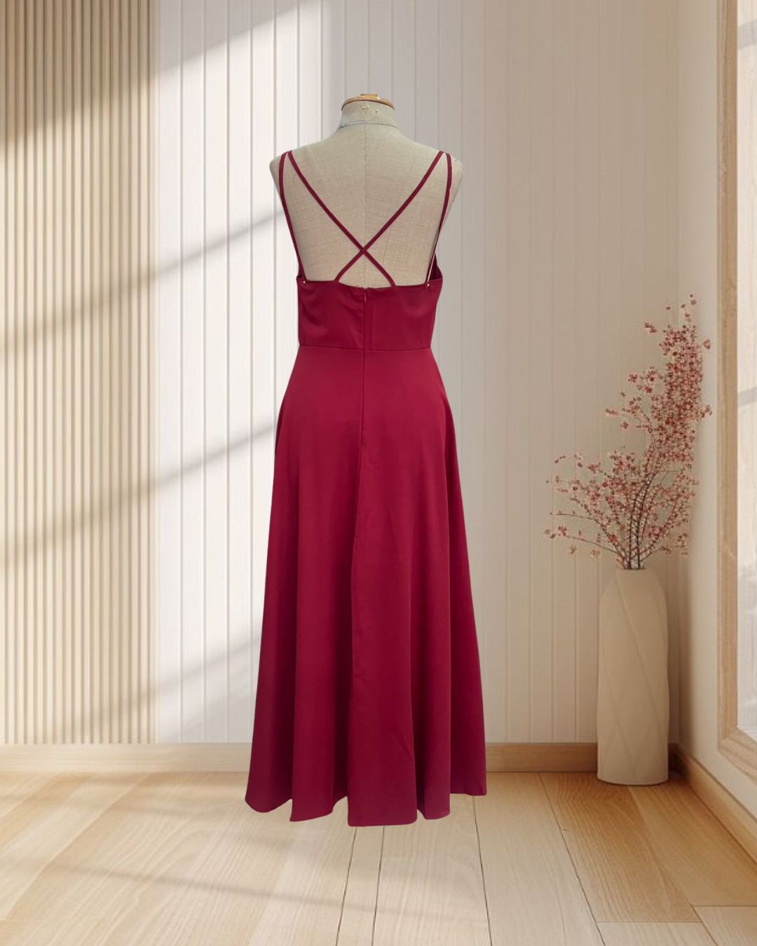 (PRE-LOVED) ราตรียาวสีแดง สายเดี่ยวไขว้ด้านหลัง กระโปรงบาน ไซส์ S