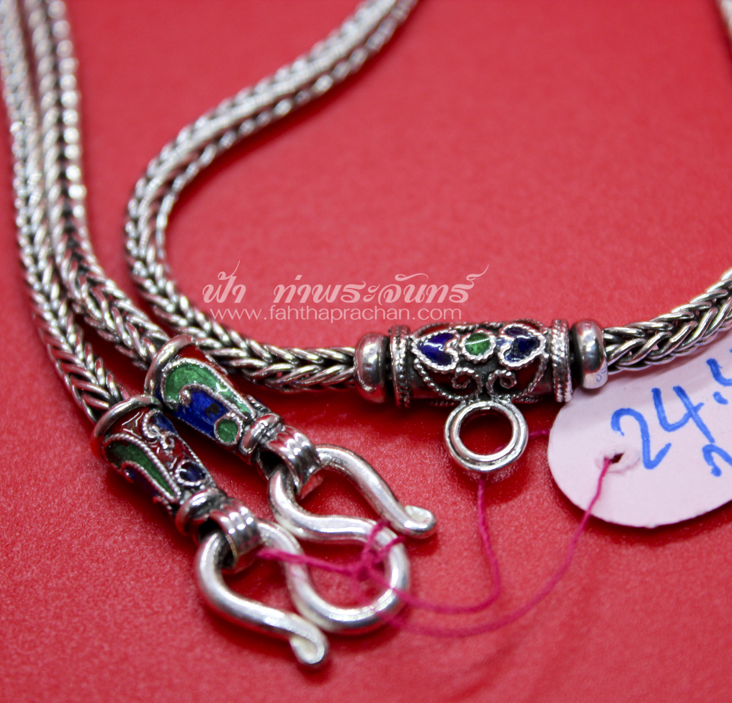 สร้อยคอเงินแท้ 92.5 ลายสี่เสา รมดำ ลงยา