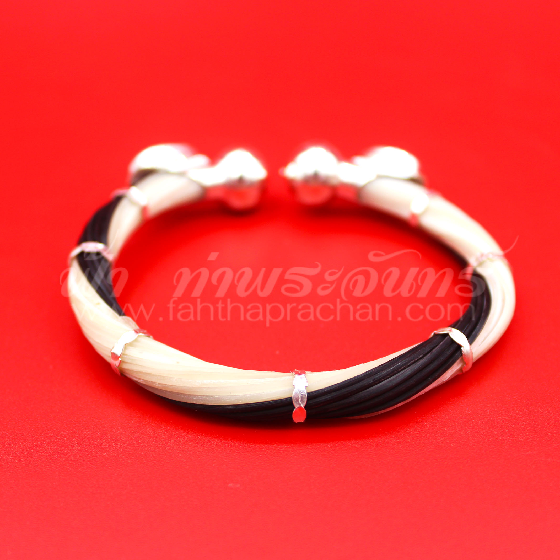 กำไลข้อมือหางช้างหุ้มเงินแท้ 92.5% หัวกลมฝังพลอยทับทิม