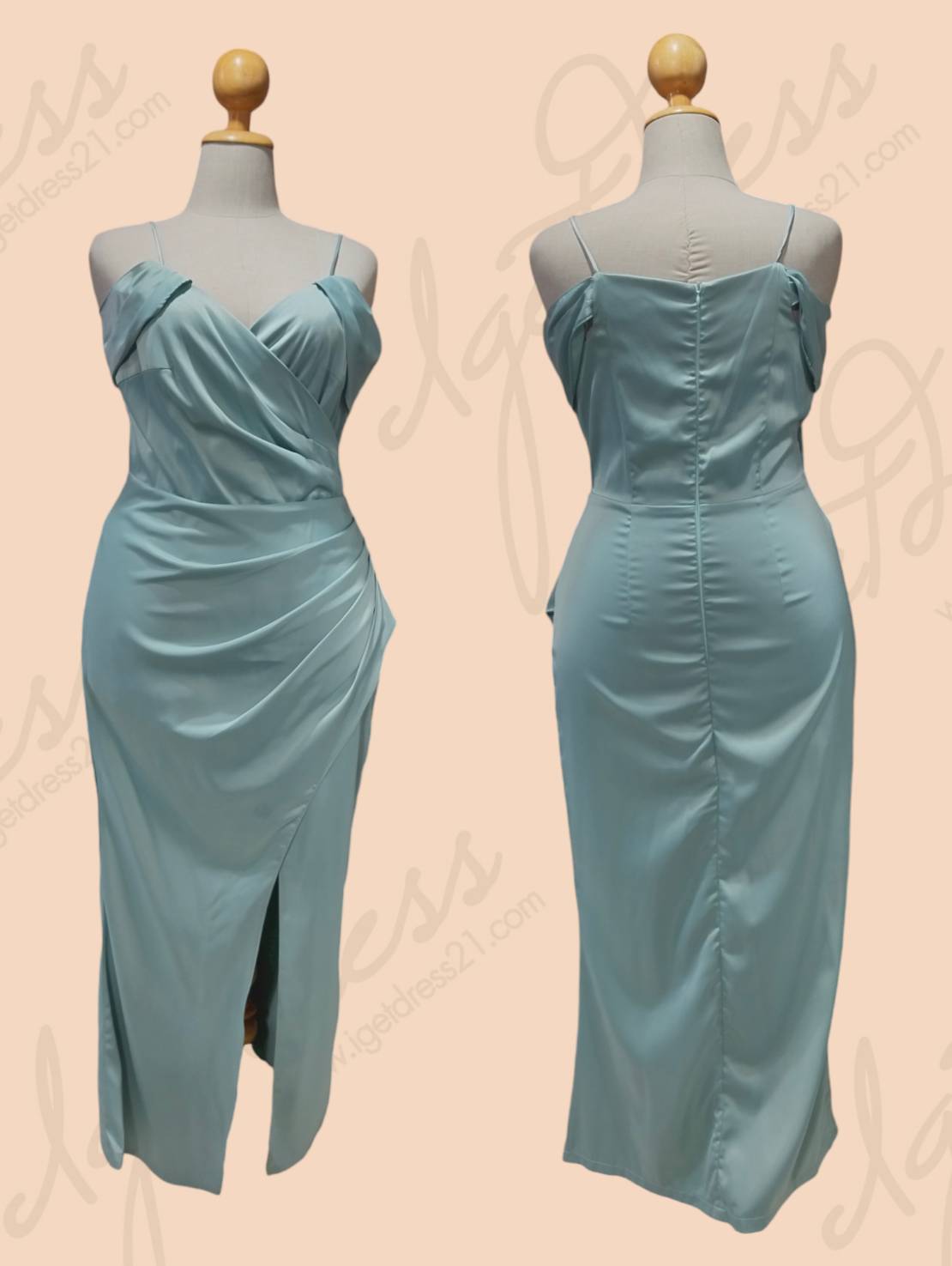 (PRE-LOVED) ราตรียาวฟ้าเขียวสายเดี่ยว อ้อมแขน ผ้าเครปซาติน ไซส์ 2XL