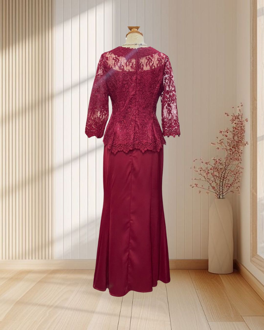 (PRE-LOVED) ชุดคุณแม่สีแดงเสื้อลูกไม้+กระโปรงผ้าเครป ไซส์ M