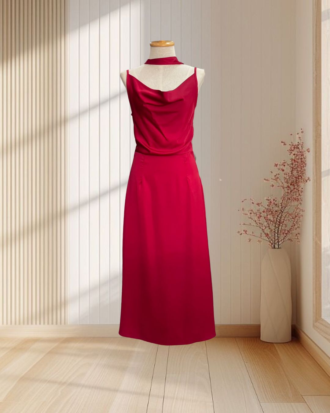 ราตรียาวสีแดง สายเดี่ยวคอถ่วง ผ้าทิ้งตัว พร้อมผ้าพันคอ ไซส์ S
