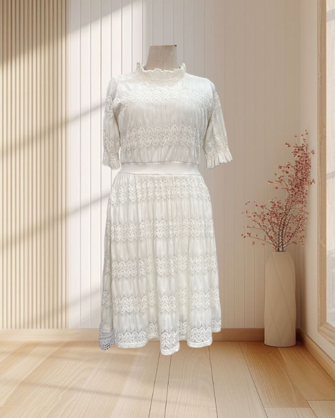 เดรสสีครีม ผ้าลูกไม้ กระโปรง 3 ส่วน ไซส์ 3XL