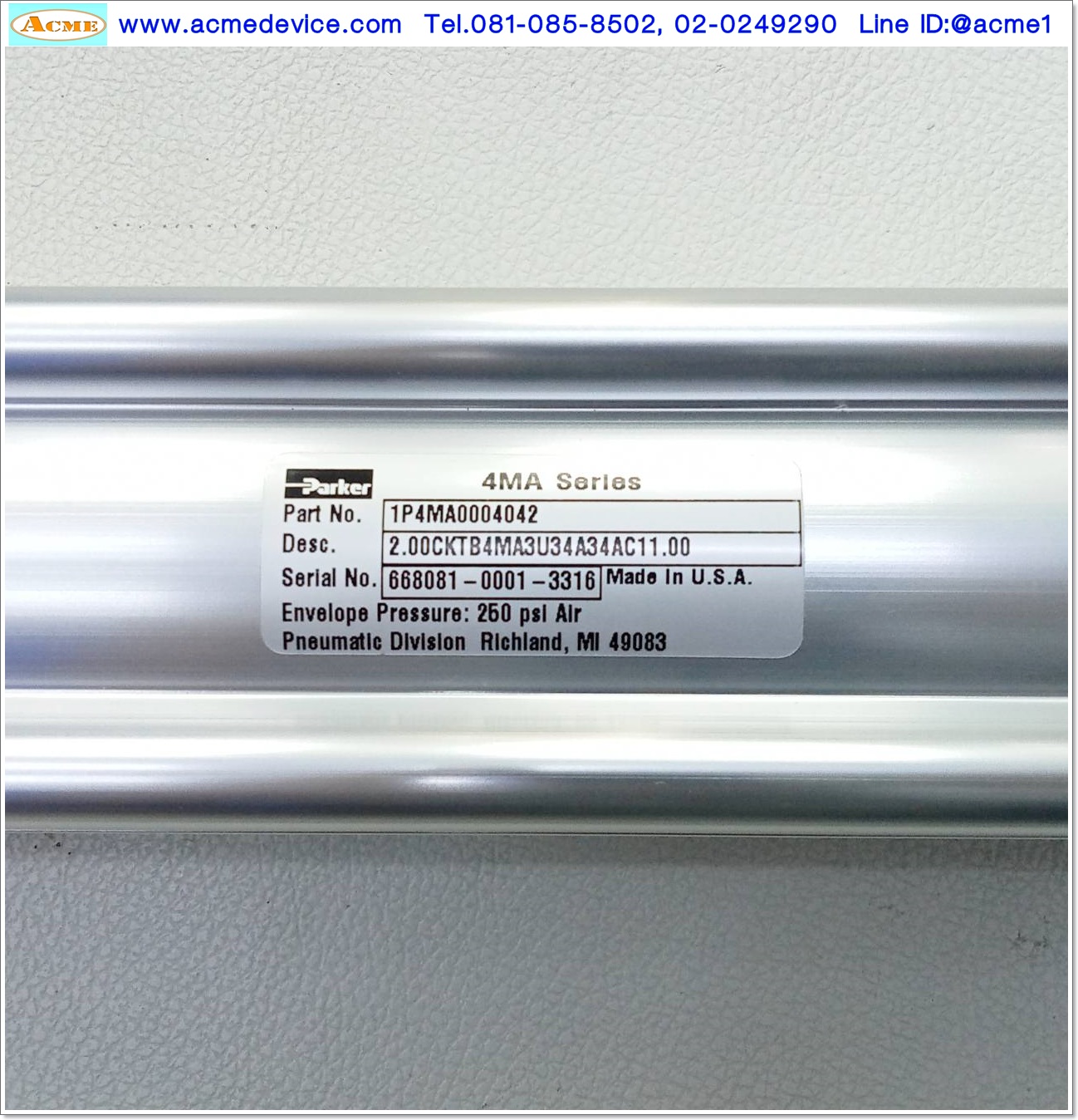 Air Cylinder Parker รุ่น 1P4MA0004042, 4MA Series, 2.00CKTB4MA3U34A34AC11.00, Bore 2", Stroke 11"