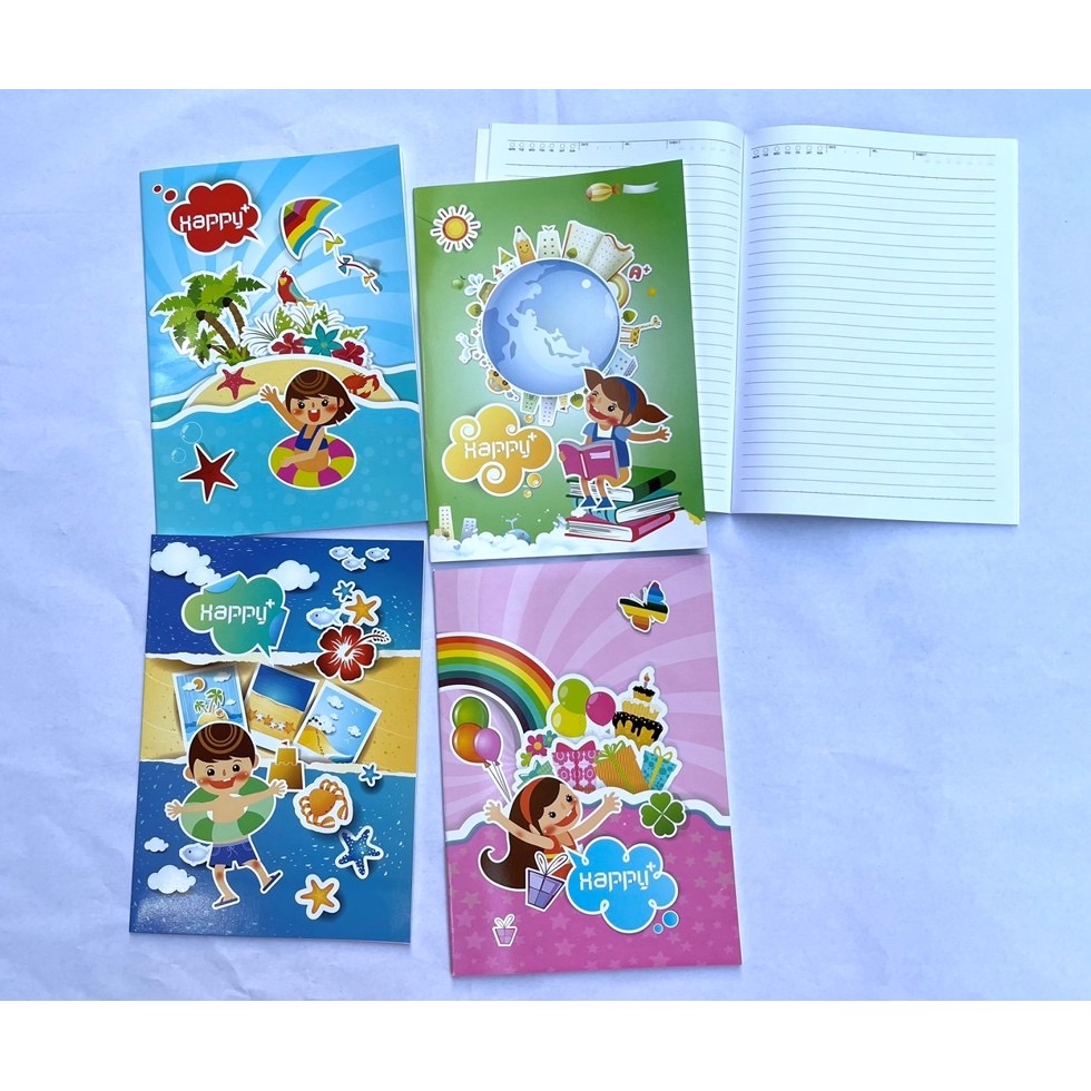 สมุดปกอ่อน คละแบบน่ารัก happy plus ขนาด 18.5*26 ซม. ปอนด์ 70 แกรม 30 แผ่น บรรจุ4เล่ม คละสี ราคา 60