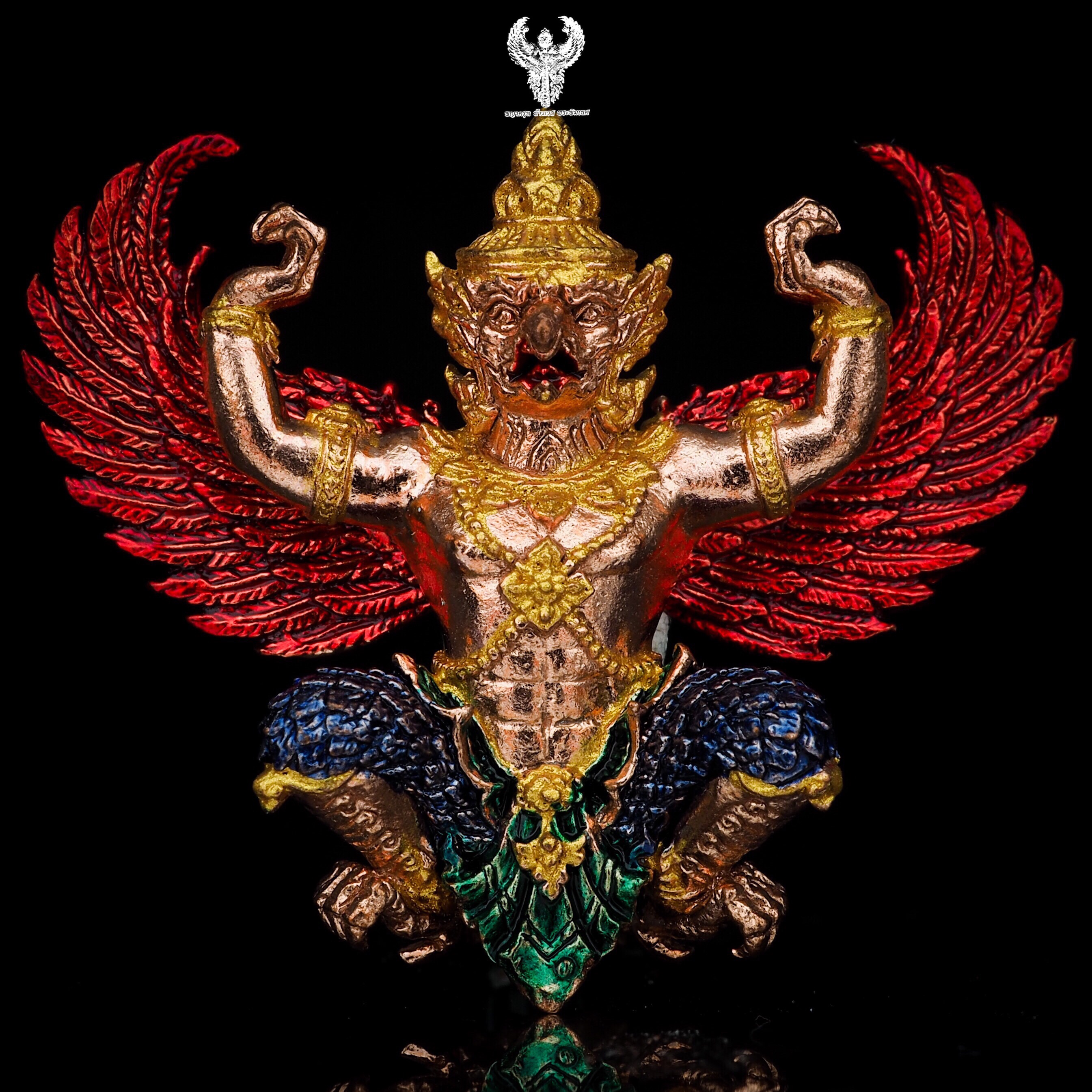 พญาครุฑ พ่อท่านเขียว รุ่น กิตติคุโณ ๙๐ วัดห้วยเงาะ เนื้อทองแดงลงยาราชาวดี ปีกแดง