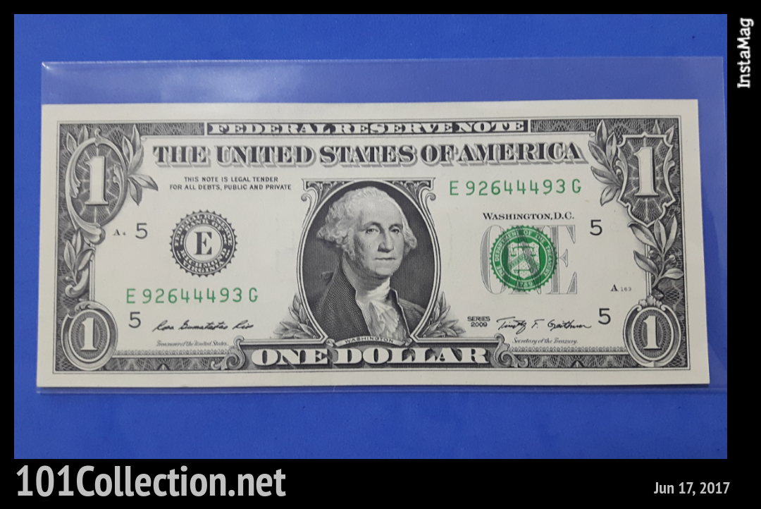 ธนบัตร ต่างประเทศ 1 US Dollar ปี2009 (UNC) (เลข E92644493G)
