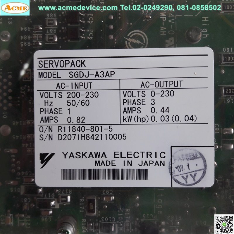 Servo Drive yaskawa รุ่น SGDJ-03AP, Motor SGMAH-A3AAA2C, 30w