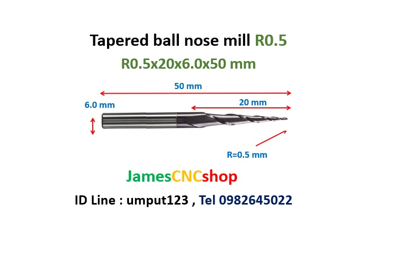 R0.5x20xD6x50 mm Tapered ball nose end mill TiAlN Carbide coat