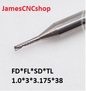 ดอกกกัดฟันเดี่ยวเกลียวขวา 1.0 mm แกน 3.175 mm (1/8") : Up cut Single Flute Spiral Carbide End Mill CNC Cutter Tool 1.0x3x3.175x38 mm