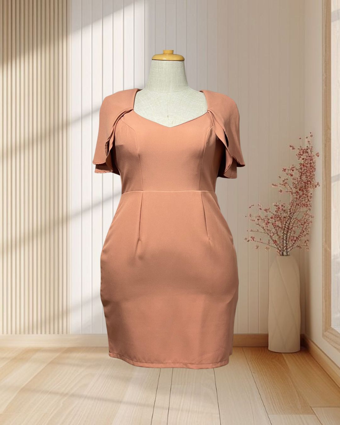 (PRE-LOVED) ชุดราตรีสั้นผ้าโคโค่แขน2ชั้นระบายย้วยเรียบสีส้ม2XL