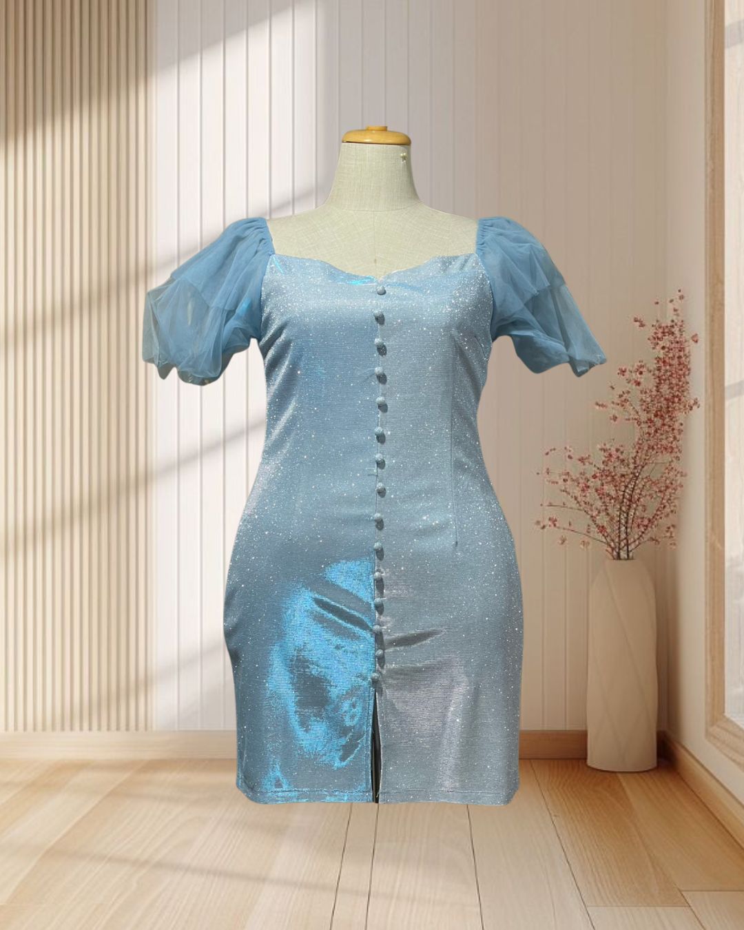 (PRE-LOVED) ราตรีสั้นสีฟ้าทูโทน ผ้ากลิตเตอร์ แขนพอง ไซส์ 2XL