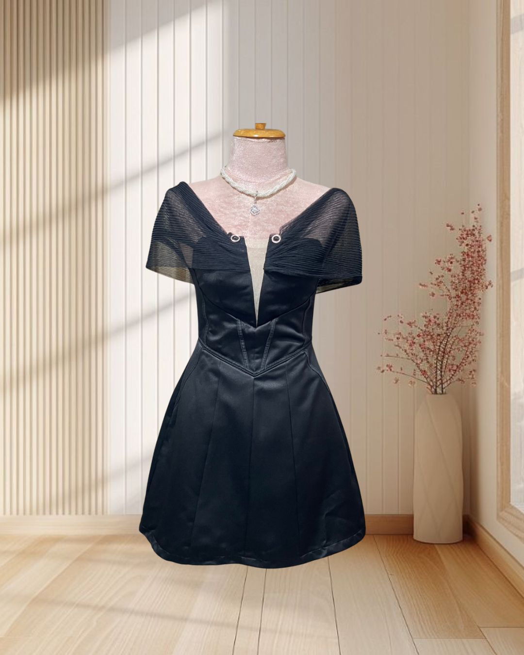 (NEW) ราตรีสั้นสีดำ เกาะอก ผ้าคลุมมุ้ง มีครอเซ็ท ไซส์ XS