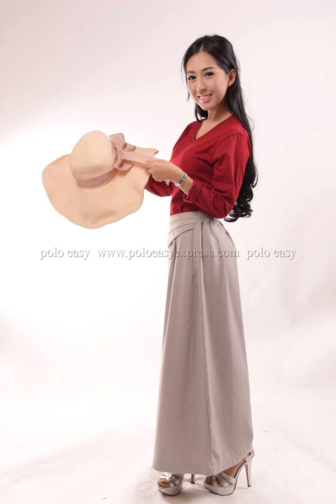 เสื้อยืด สีเลือดหมู คอวี แขนยาว Size 3XL