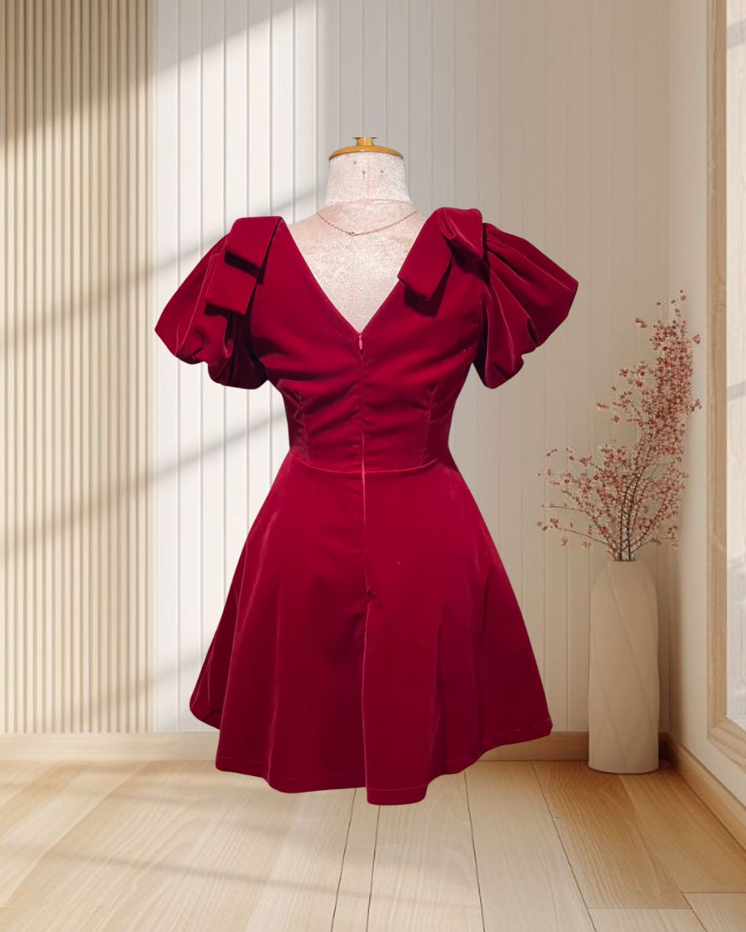(PRE-LOVED) เดรสสั้นสีแดง ผ้ากำมะหยี่ แขนตุ๊กตาแต่งโบว์ ไซส์ S
