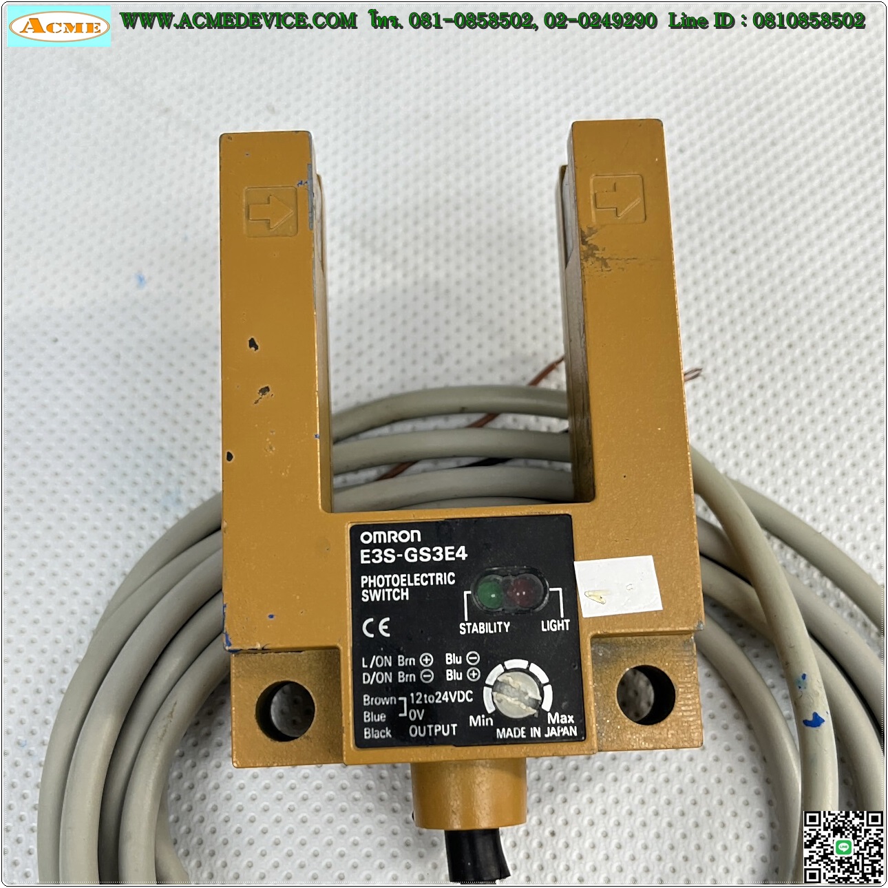 Photoelectric Omron รุ่น E3S-GS3E4, ระยะ 30mm, NPN, Light-ON, Dark-ON