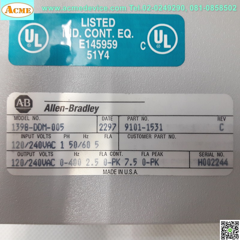 Servo Driver Allen-Bradley รุ่น 1398-DDM-005, 120 Vac 0.9 kWatts; 240 Vac 1.8 kWatts