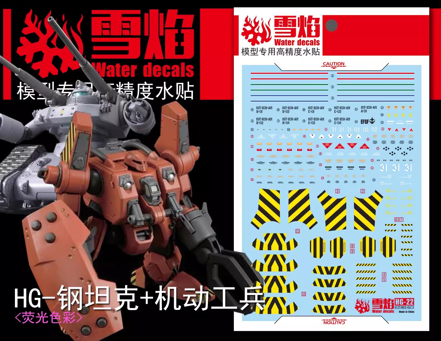 ดีคอลน้ำ HGGTO GUNTANK EARLY TYPE / HGGTO MOBILE WORKER MW-01 LATE TYPE MASH HG-22 Water Decal Fluorescent color สติ๊กเกอร์น้ำสะท้อนแสงเมื่อส่องด้วย UV Blacklight