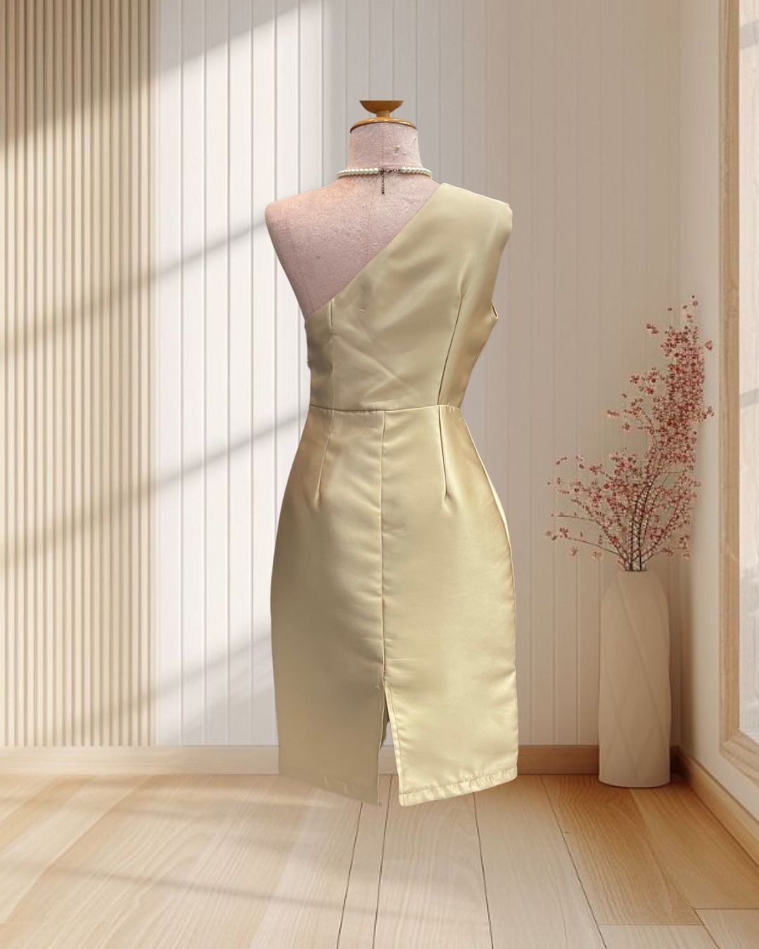 (PRE-LOVED) ชุดราตรีสั้นสีทองบ่าเดี่ยว+เข็มขัด (S)