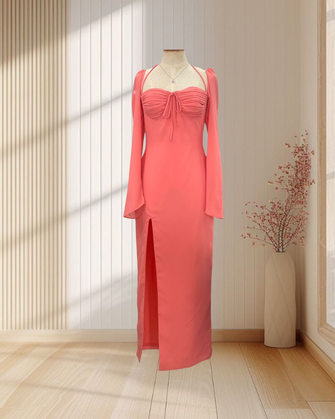 ราตรียาวสีส้ม แขนยาวผ้าชีฟอง เซ็กซี่ ไซส์ S