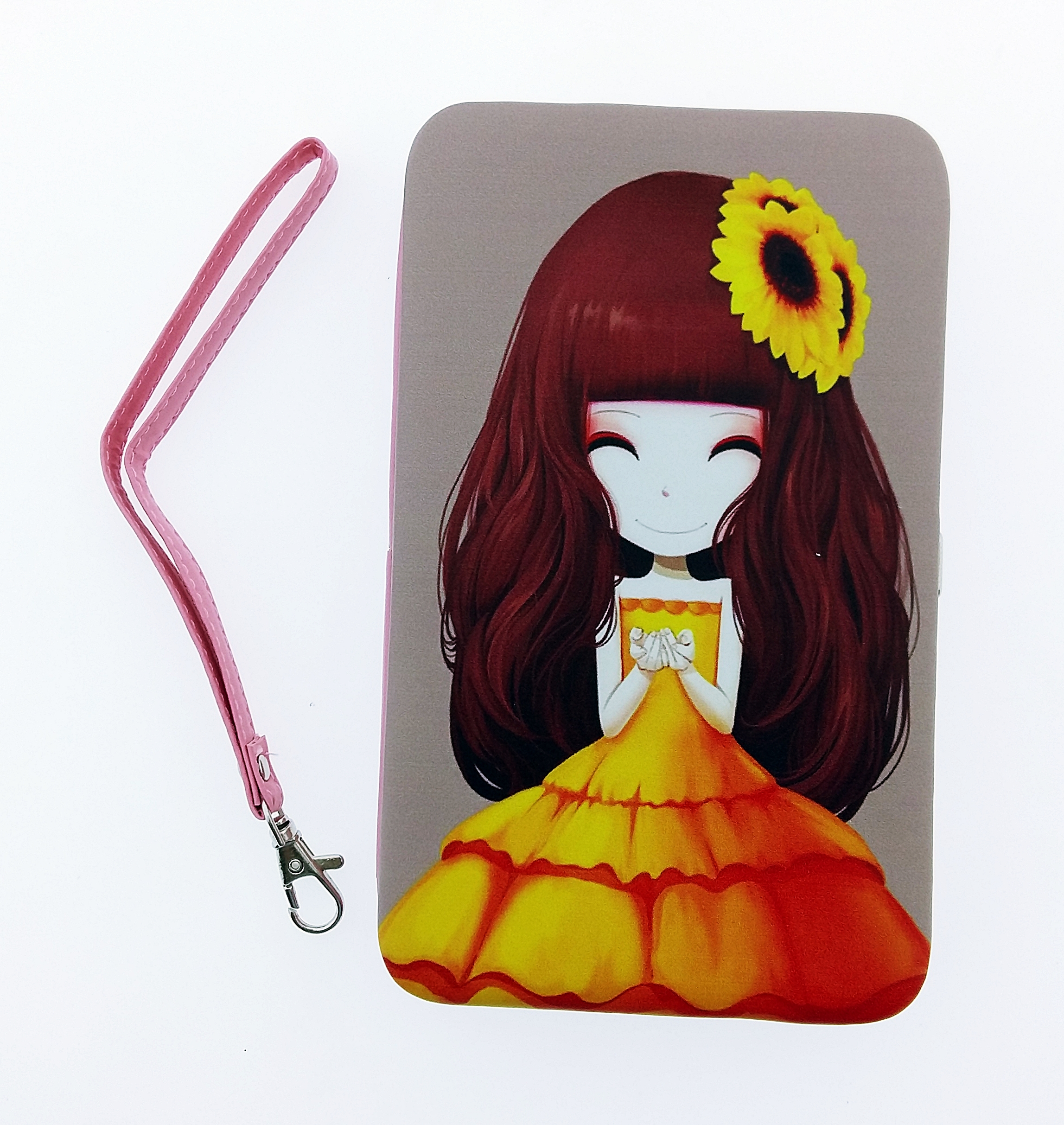 กระเป๋าใส่มือถือ iPad Tablet สีชมพู-ฟ้า ลายเด็กหญิงชุดส้ม พื้นหลังสีเทา ด้านในสีชมพู