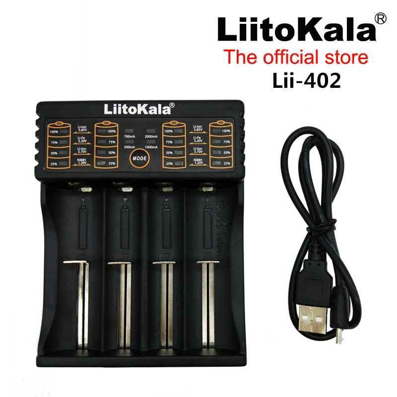 ที่ชาร์จแบตเตอรี่ LiitoKala Lii-402 แบบ Micro USB 4 ช่อง 4 รางชาร์จ สำหรับแบต 14500 18650 26650 AA AAA กระแสชาร์จ 500/700/1000/2000 mA ของแท้ Original 100%