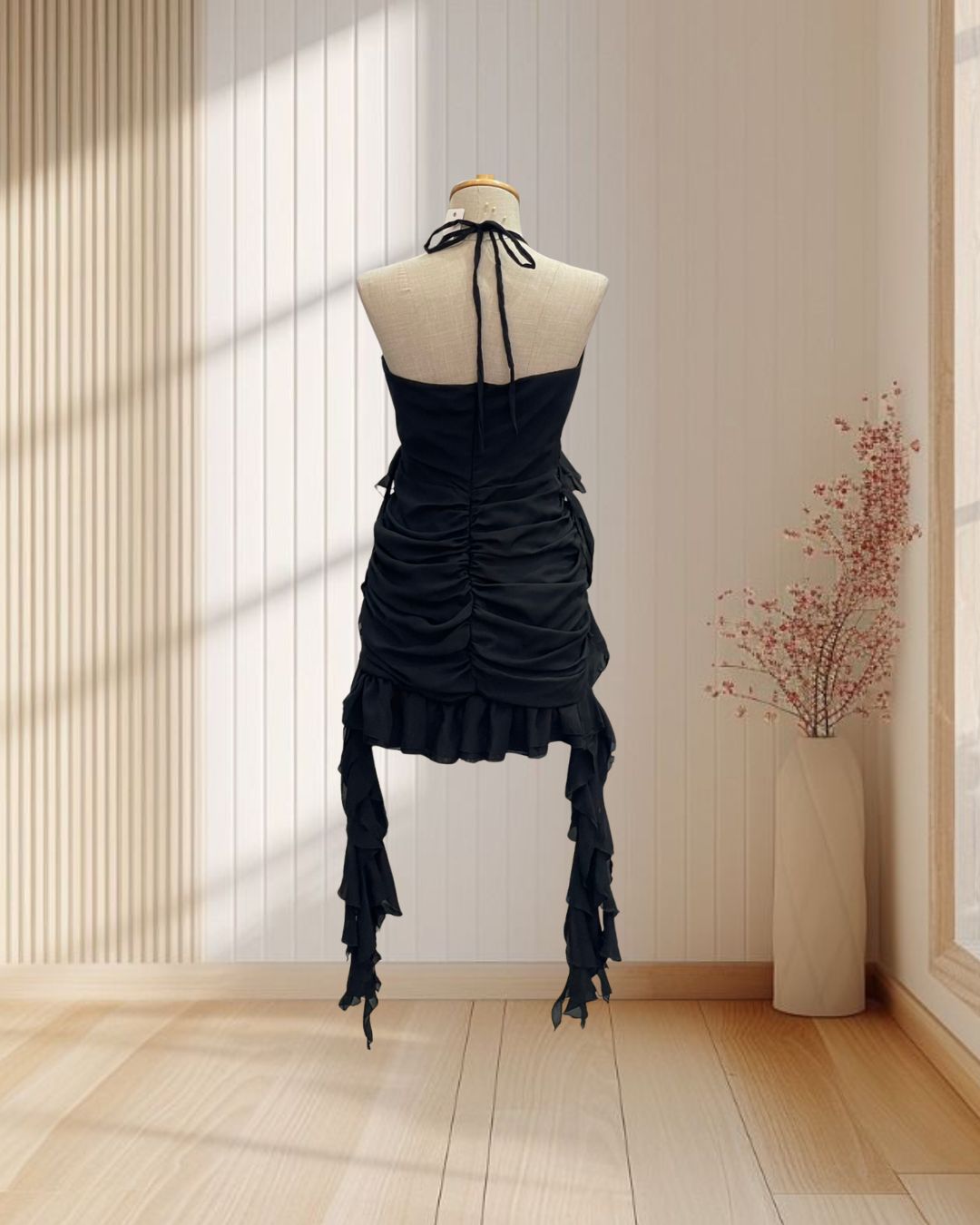 เดรสสั้นสีดำ สไตล์เวียดนาม ผูกโบว์ ผ้าห้อยพริ้วๆ ไซส์ L