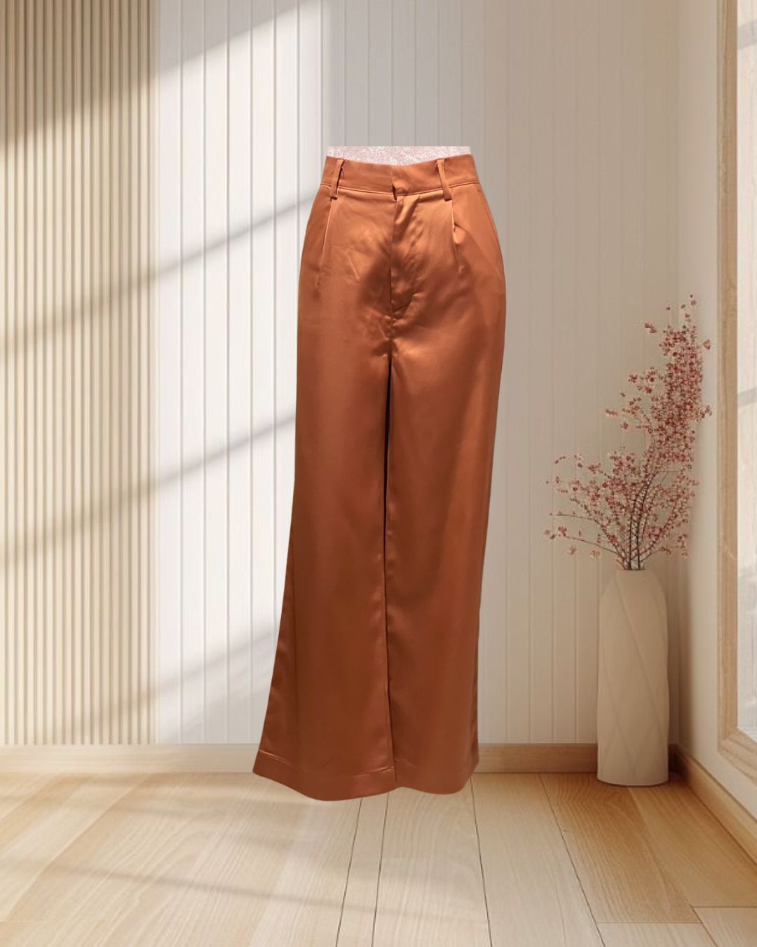 (PRE-LOVED) กางเกงขายาว ผ้าซาติน สีน้ำตาลชาไทย ไซส์ S