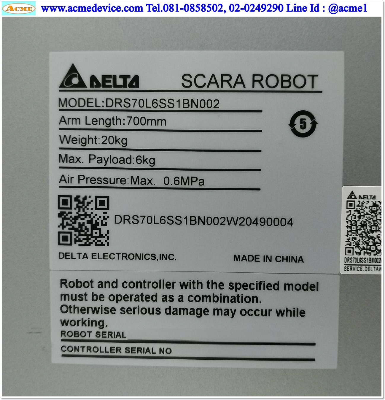 SCARA Robot Delta รุ่น DRS70L6SS1BN002 & Controller ASD-MS-0721-F, Arm Length 700 mm., Load 6 kg.