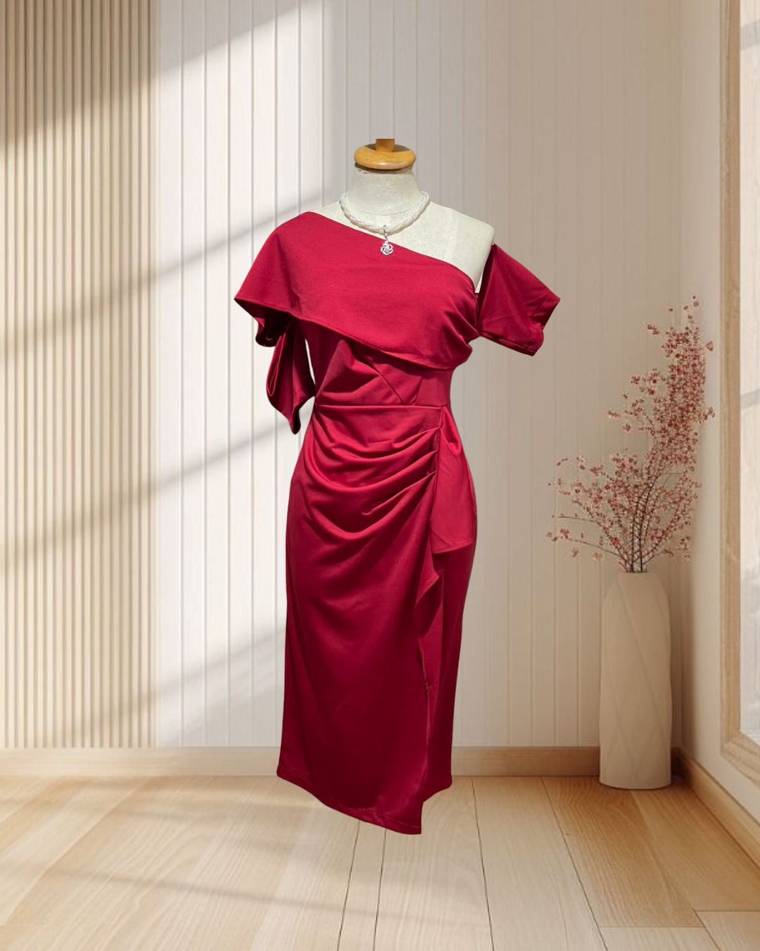 (PRE-LOVED) ราตรีสั้นสีแดง ระบายเอว แต่งผ้าคาดบ่า ไซส์ L