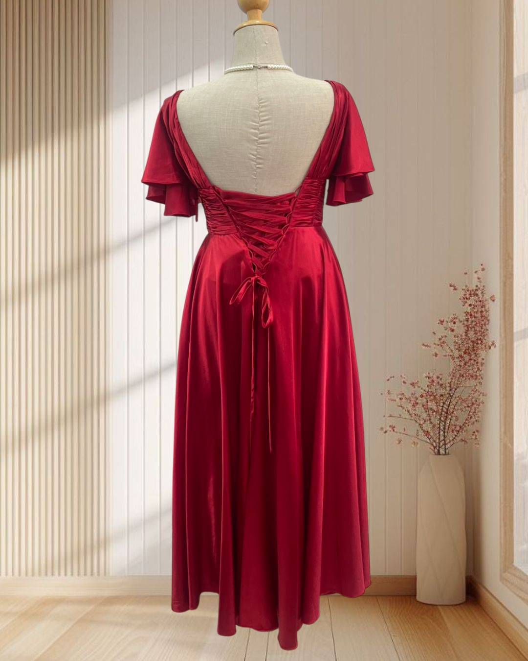 (PRE-LOVED) ราตรียาวผ้าซาติน อกจีบ มีแขน L