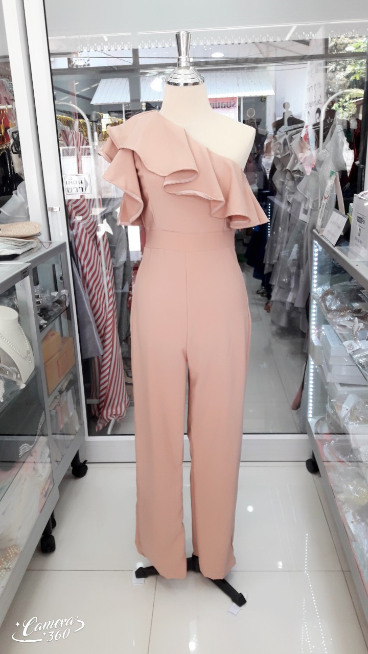 ราตรียาวสีน้ำตาลจั๊มบ่าเฉียงระบาย (อก34 เอว28สะโพก36)