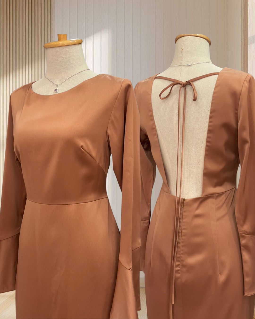 (PRE-LOVED) ราตรีสั้นสีน้ำตาล แขนยาว โชว์หลัง พร้อมสายผูกโบว์ ไซส์ L